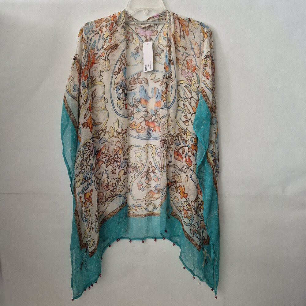 Soft Surroundings Women L XL Sheer Flowy Open Boho Floral Bird Kimono Coverup